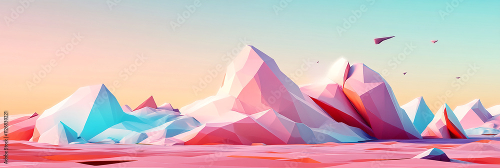 Poster abstract low-poly landscape, with sharp edges and soft pastel hues, creating a minimalist yet futuri