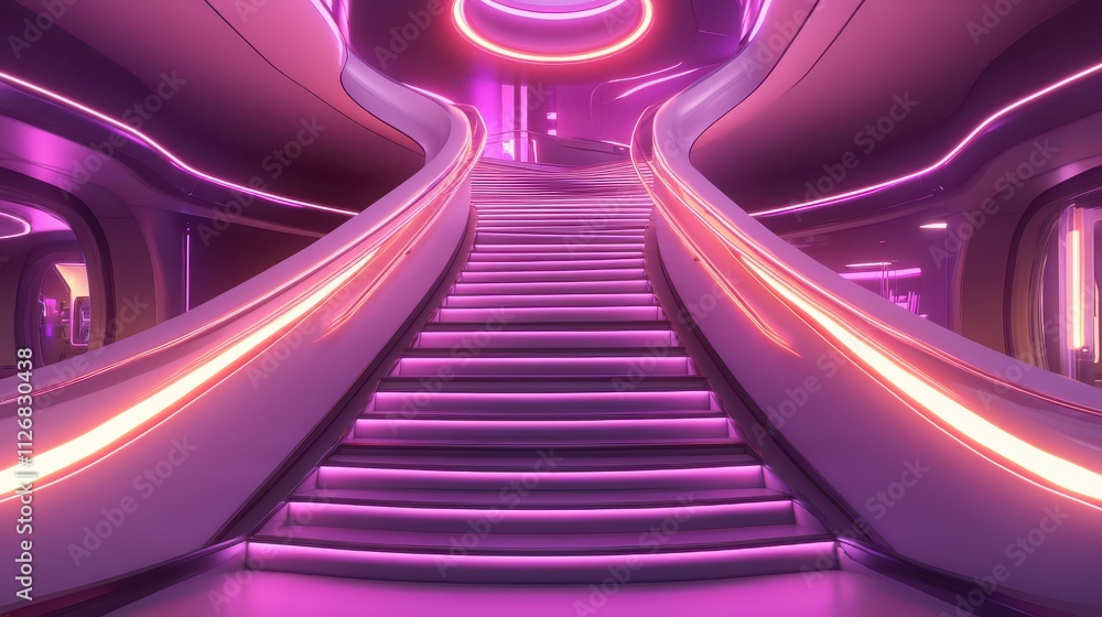 Aufkleber modern futuristic staircase in neon lights with reflective surface and abstract design, creating a v