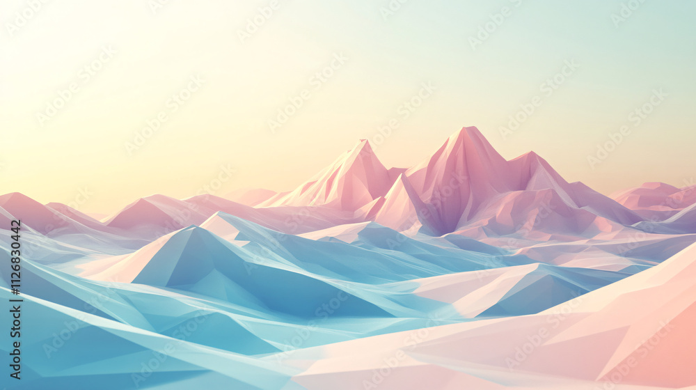 Poster abstract low-poly landscape, with sharp edges and soft pastel hues, creating a minimalist yet futuri