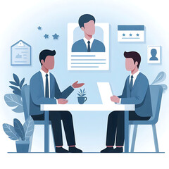 Prospective employee is interviewed for employment with professionals in business attire in an office setting. Memphis style vector illustration.