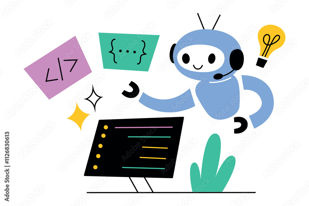 Aufkleber cartoon robot writing code, programming software, artificial intelligence assisting developers. futu
