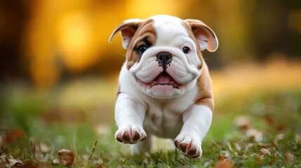 A white puppy is running on the grass