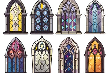 church glass icons set. Collection of colorful medieval style stained glass church windows featuring various shapes and colorful patterns
