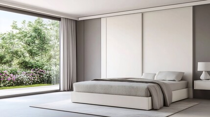 Fototapeta premium Serene Modern Bedroom with Sliding Doors Overlooking Lush Flower Garden