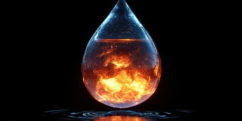 A mesmerizing oil droplet floats serenely, reflecting vibrant hues of orange and yellow, creating a captivating contrast on a deep black background