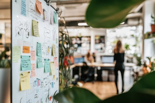 A vibrant collection of sticky notes hangs on a board, emphasizing collaboration and innovation.