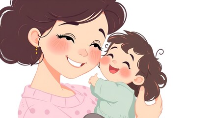 mother and child smiling joyfully in a cartoon style with white background