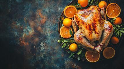 A beautifully roasted chicken surrounded by fresh oranges and herbs, perfect for festive gatherings or family dinners