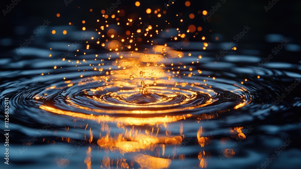Poster an oil drop splashes onto a reflective surface, creating intricate ripples while sparkling droplets 