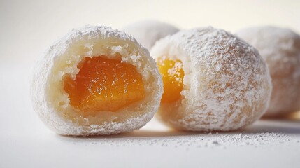 Close-up of marillenknadel showing soft dough texture and vibrant apricot filling.