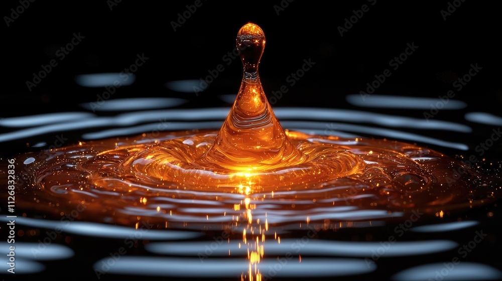 Poster an exquisite drop of oil creates ripples on a black surface, capturing and reflecting light with mes