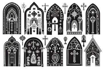 Gothic windows outline set. Silhouette of vintage stained glass church frames. Element of traditional european architecture. Vector

