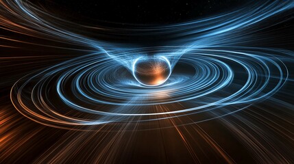 Abstract magnetic field visualization with glowing lines and arrows representing the flow of magnetic force around a central object in a dark, empty space.