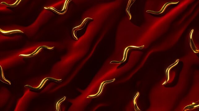 A close-up of golden, snake-like shapes on a rich red fabric background.