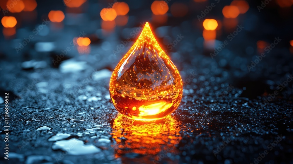 Poster A vibrant oil drop rests on a black background, glowing with orange hues while reflecting light and creating captivating patterns in the surrounding darkness