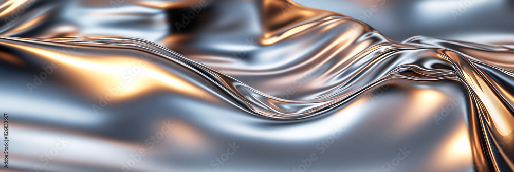 Poster abstract metallic surface with wavy, liquid texture, reflecting light in smooth curves and gradients