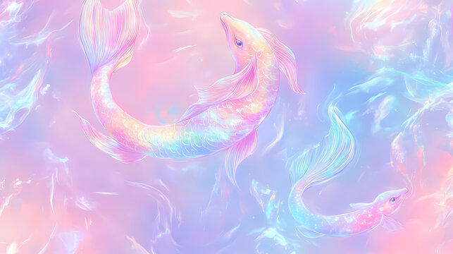 Fantasy seamless background with pastel mermaid theme and iridescent sea elements , mermaid, fantasy, seamless. Opalescent. Illustration