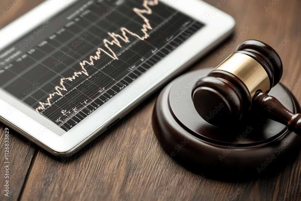 Poster close up of a judge s gavel placed next to a digital tablet showing fluctuating market charts and fi