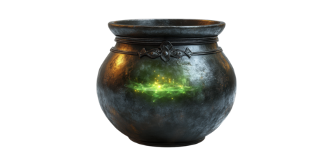 Ancient magical cauldron with glowing green light isolated on transparent background