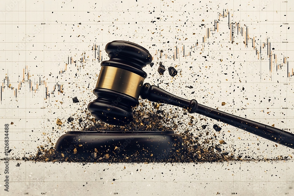 Poster representation of a gavel forcefully breaking through barriers on a dynamic and evolving market char