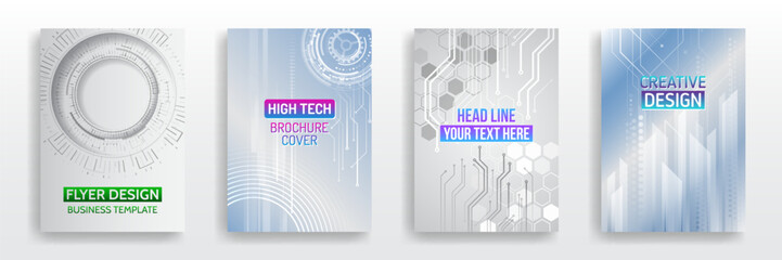 Modern technology design for posters. Futuristic background for flyer, brochure. Scientific cover template for presentation, banner. Page layout set for sci-fi. Set of high-tech covers for marketing.