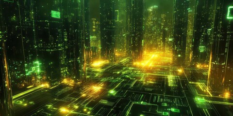 Fototapeta premium A futuristic data center illuminated by glowing green and yellow circuits and holographic nodes.