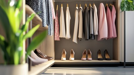 Modern dressing room interior with rack of stylish shoes and women's clothes