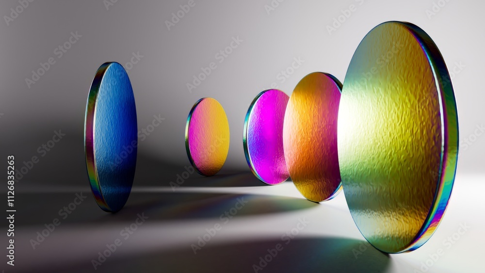 Poster abstract minimalist background. 3d render of iridescent round disks on a white background, with refl