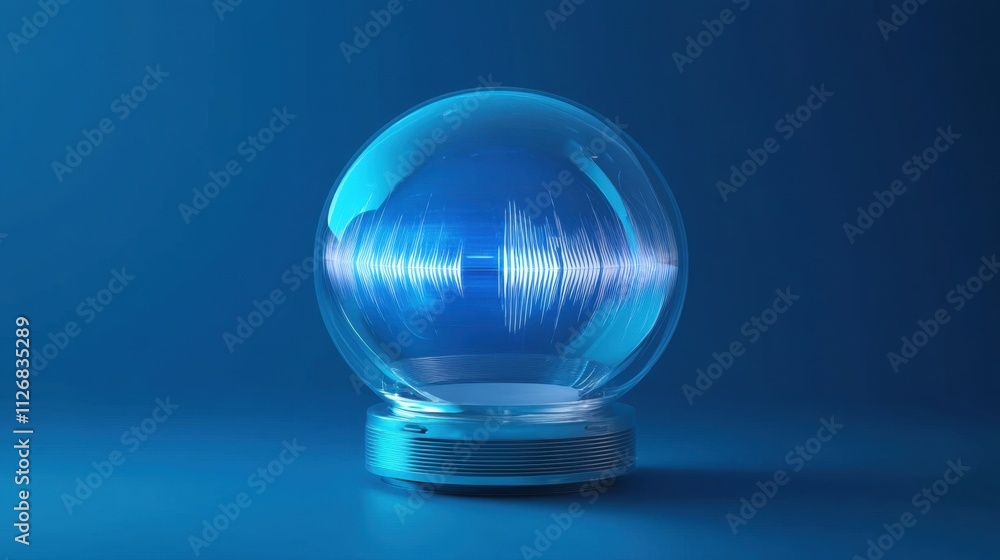 Poster encapsulated sound waves: a 3d render of a glass sphere containing a digital audio waveform on a blu
