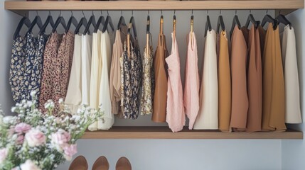 Modern dressing room interior with rack of stylish shoes and women's clothes