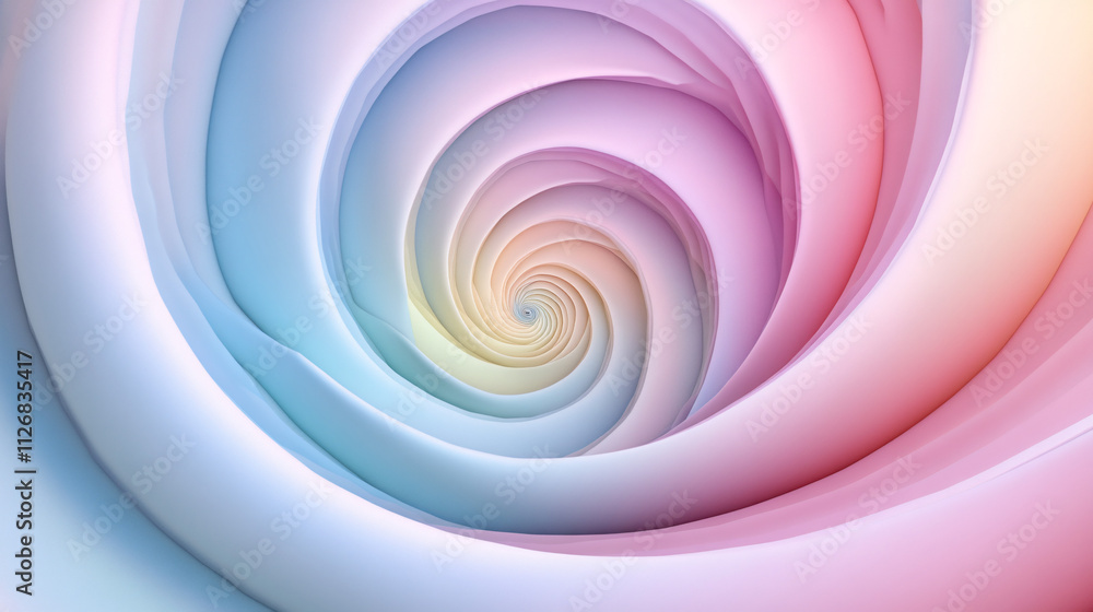 Poster abstract minimalistic spiral pattern, in soft pastel tones, gradually fading into the background.