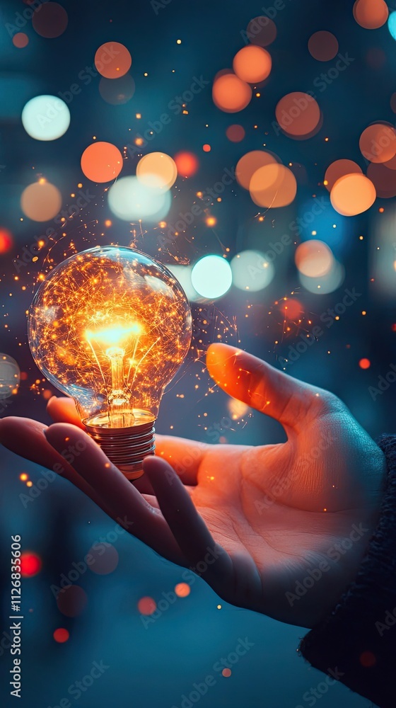 Poster glowing lightbulb held in a hand against a bokeh background
