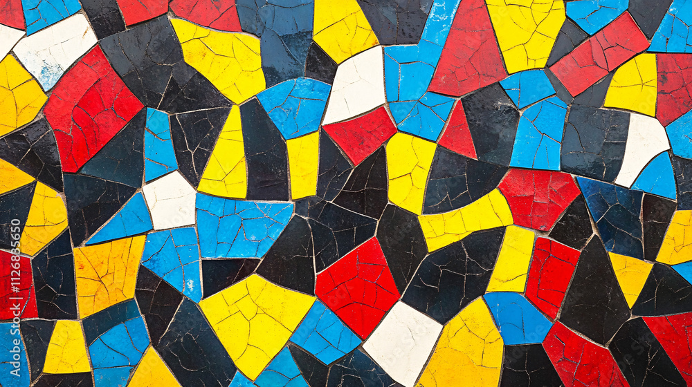 Poster abstract mosaic of irregular shapes, in bold primary colors, arranged in a random yet visually balan