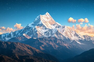 Stunning northern lights over snow-capped mountains in the Himalayas, with a blue sky backdrop.