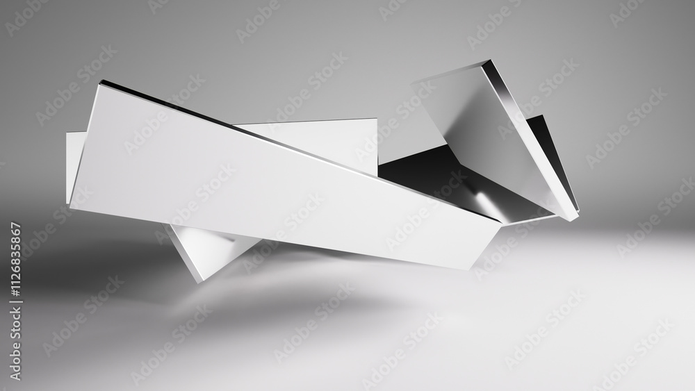 Poster silver mirrored blocks with contrasting shadows and caustics. composition with chaotic objects in th