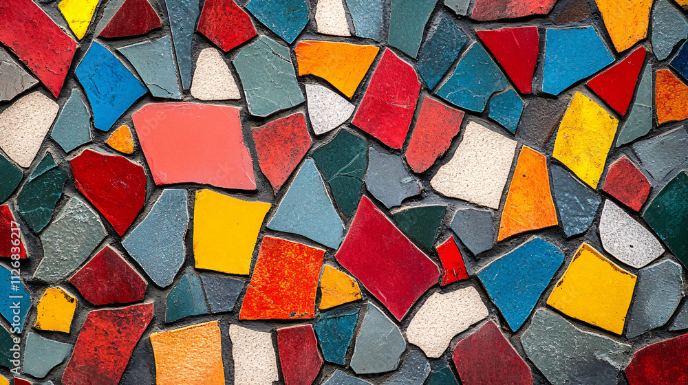 Poster abstract mosaic of irregular shapes, in bold primary colors, arranged in a random yet visually balan