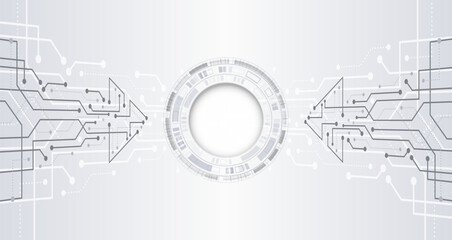 Obraz premium Abstract hi tech communication for presentation or banner. Sci-fi gray background with various technology elements. Science concept, horizontal arrows and stripes.