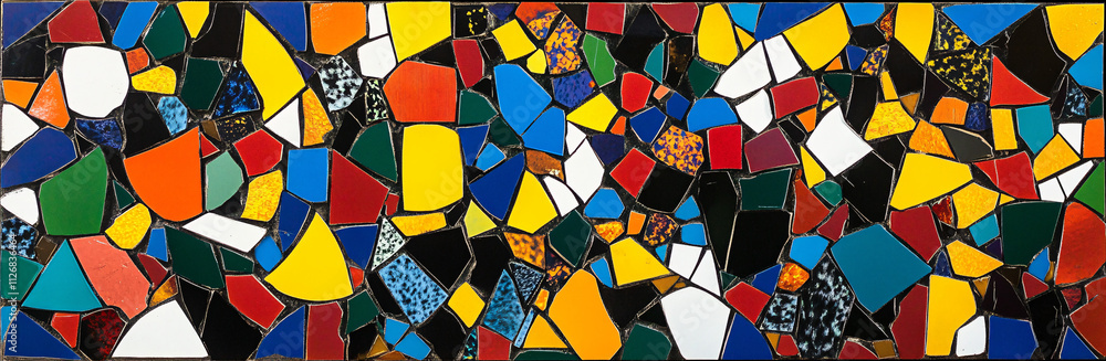 Poster abstract mosaic of irregular shapes, in bold primary colors, arranged in a random yet visually balan