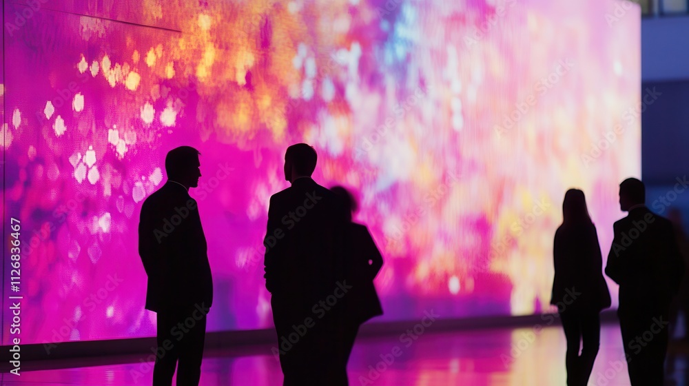 Poster silhouetted figures against a vibrant abstract backdrop with colorful lights and patterns conveying 