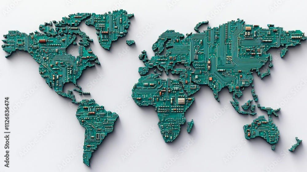 Poster futuristic world map crafted from circuit board patterns