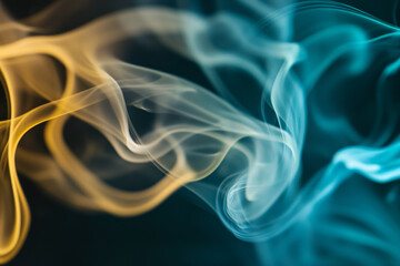 Fototapeta premium A color smoke background of cool turquoise, seafoam green, and light yellow, drifting over a dark, neutral base.