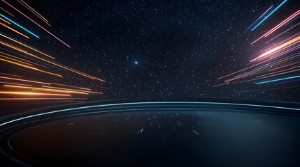 Obraz premium Futuristic Spaceship Concept with Dynamic Background Featuring Vibrant Light Trails, Stars, and a Cosmic Atmosphere for Science Fiction and Adventure Themes