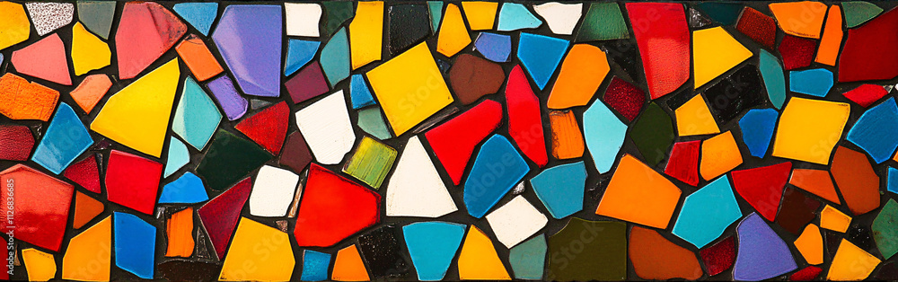 Poster abstract mosaic of irregular shapes, in bold primary colors, arranged in a random yet visually balan