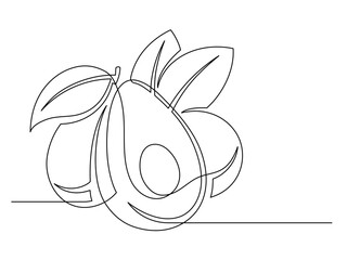 Continuous one line avocado with leaf isolated on white background. Simple silhouette of fruit. Hand drawn avocado outline. Vector illustration
