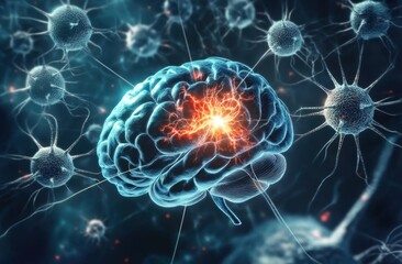 Surrounded by circular white structures, the illustration represents brain cells.