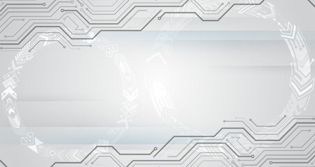 Digital communication, data protection, futuristic presentation, science cover. Abstract grey high tech background consisting of printed circuit board circles and other technological elements.