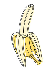 Open yellow banana line isolated on white background. Simple silhouette of fruit. Hand drawn banana outline. Vector illustration