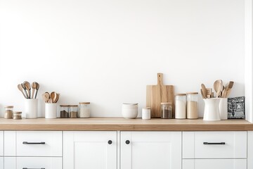 modern scandinavian kitchen with white cabinets and wooden countertops