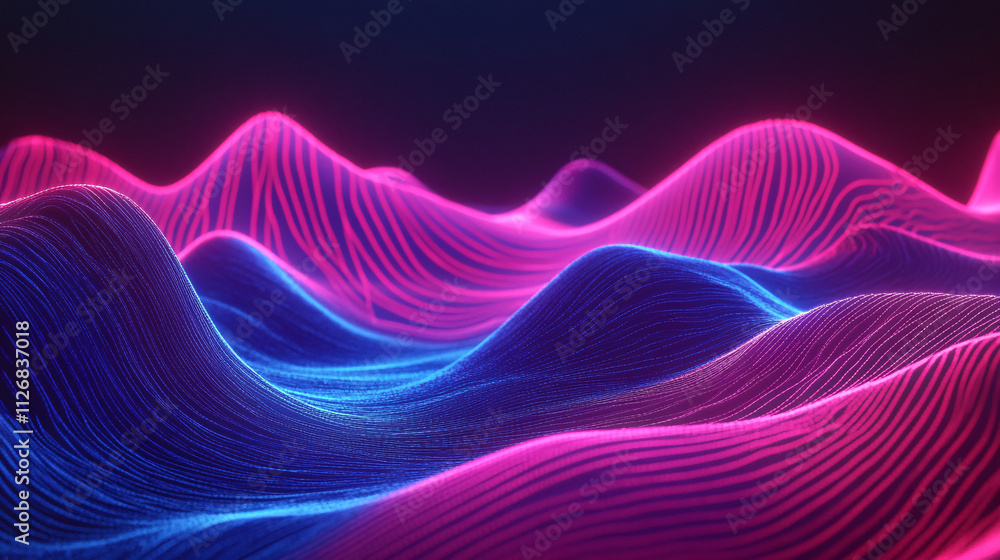 Poster abstract neon sound waves forming a 3d audio landscape, symbolizing spatial sound and immersive envi