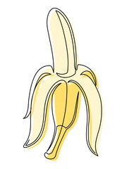 Open yellow banana line isolated on white background. Simple silhouette of fruit. Hand drawn banana outline. Vector illustration